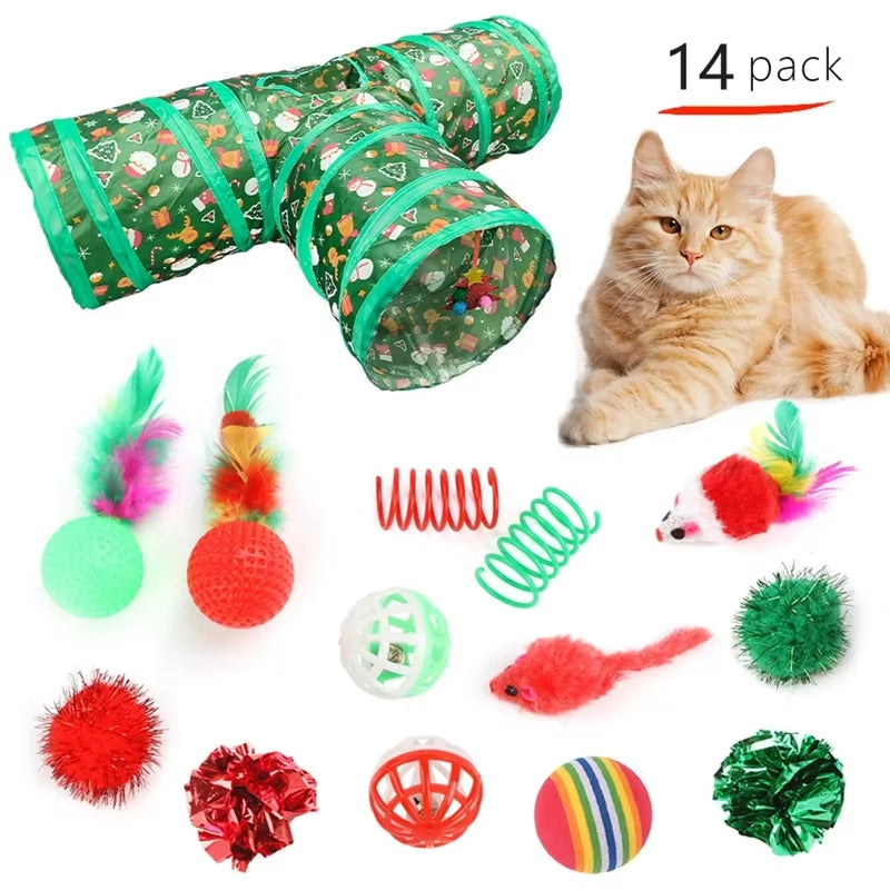 Cat Toy Set Christmas Design Folding Cat Tunnel Cat Nest Toy Bundle Set Play Tunnel Pom-Pom Balls Interactive Self-Happiness Toy