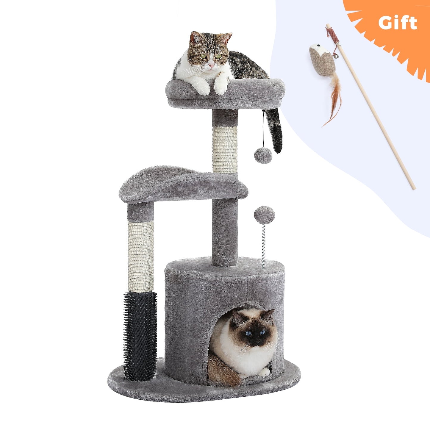 32.7" Cat Tree Small Cat Tower Kitten Scratching Posts Condo with Sefl-Grooming Toy, Gray