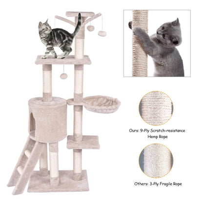 56" Cat Tree Tower for Indoor Cats with Ladder, Scratching Posts Cat Condo for Multiple Cats Jump Platform Cat Furniture Activity Center, Beige