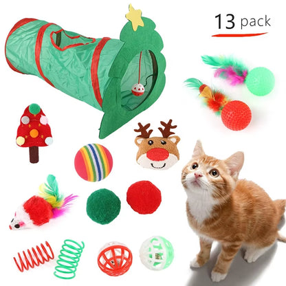 Cat Toy Set Christmas Design Folding Cat Tunnel Cat Nest Toy Bundle Set Play Tunnel Pom-Pom Balls Interactive Self-Happiness Toy