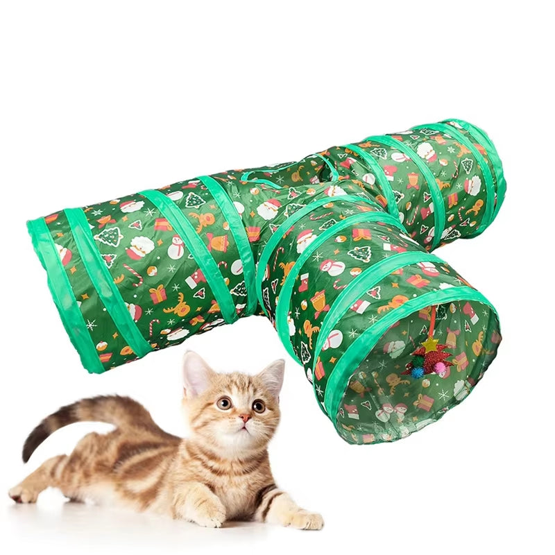 Cat Toy Set Christmas Design Folding Cat Tunnel Cat Nest Toy Bundle Set Play Tunnel Pom-Pom Balls Interactive Self-Happiness Toy