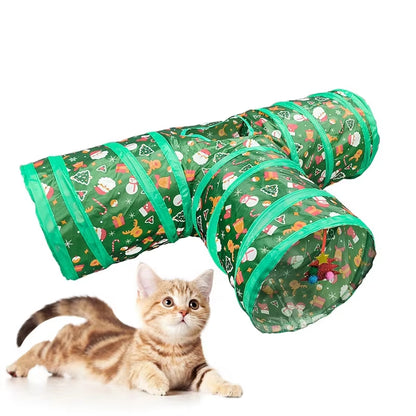 Cat Toy Set Christmas Design Folding Cat Tunnel Cat Nest Toy Bundle Set Play Tunnel Pom-Pom Balls Interactive Self-Happiness Toy