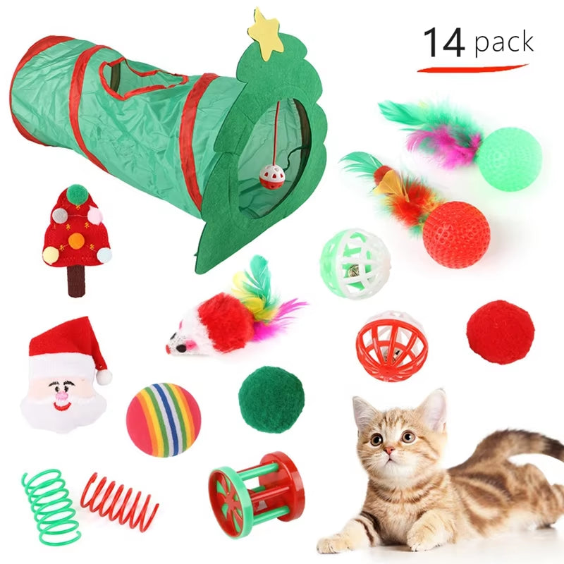 Cat Toy Set Christmas Design Folding Cat Tunnel Cat Nest Toy Bundle Set Play Tunnel Pom-Pom Balls Interactive Self-Happiness Toy