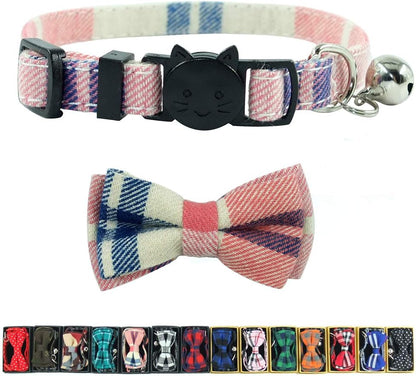 Cat Collar Breakaway with Bell and Bow Tie, Plaid Design Adjustable Safety Kitty Kitten Collars(6.8-10.8In)(Pink Plaid 2)