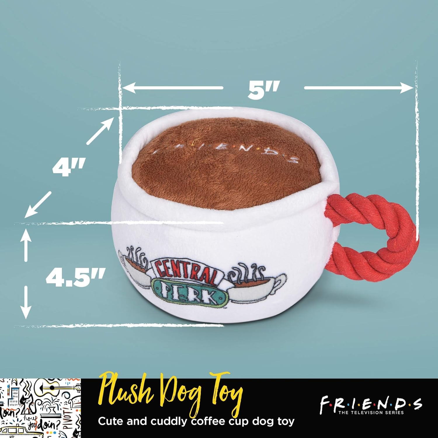 Friends TV Show Central Perk Coffee Mug Plush Dog Toy with Rope Handle| Soft Cute Squeaky Toy for All Dogs | Stuffed Dog Toys with Squeaker Noise for Added Fun, Friends Memorabilia