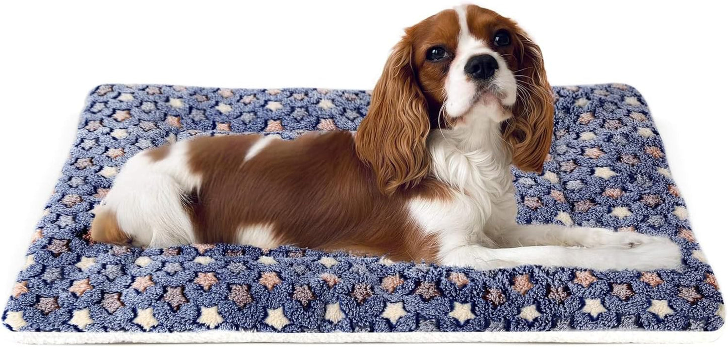 Dog Bed Crate Pad Ultra Soft Pet Bed with Cute Star Print Washable Crate Mat for Large Medium Small Dogs Reversible Fleece Dog Crate Kennel Mat Cat Bed Liner 23 X 18 Inch Dark Blue