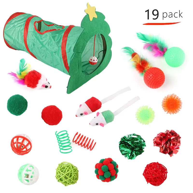 Cat Toy Set Christmas Design Folding Cat Tunnel Cat Nest Toy Bundle Set Play Tunnel Pom-Pom Balls Interactive Self-Happiness Toy