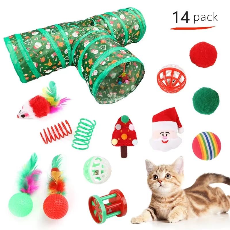 Cat Toy Set Christmas Design Folding Cat Tunnel Cat Nest Toy Bundle Set Play Tunnel Pom-Pom Balls Interactive Self-Happiness Toy