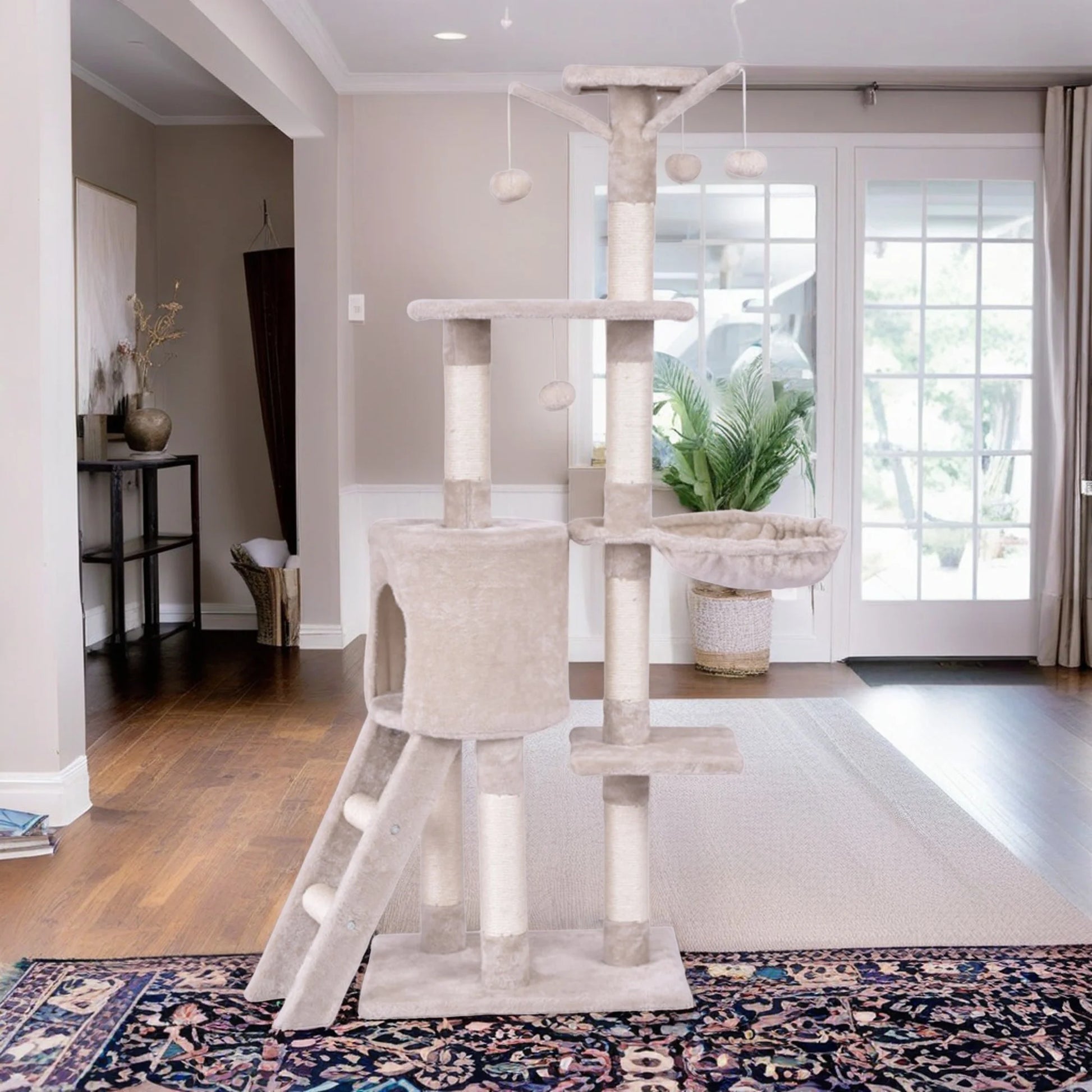 56" Cat Tree Tower for Indoor Cats with Ladder, Scratching Posts Cat Condo for Multiple Cats Jump Platform Cat Furniture Activity Center, Beige