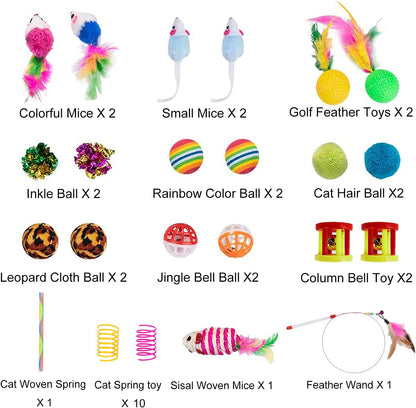 24Pcs Cat Toys Kitten Interactive Pet Toys Assortments, Foldable Rainbow S-Tunnel, Cat Feather Teaser, Wand Interactive Feather Toy, Fluffy Mouse, Crinkle Balls, Bell Play for Cat, Puppy, Kitty, Kitten