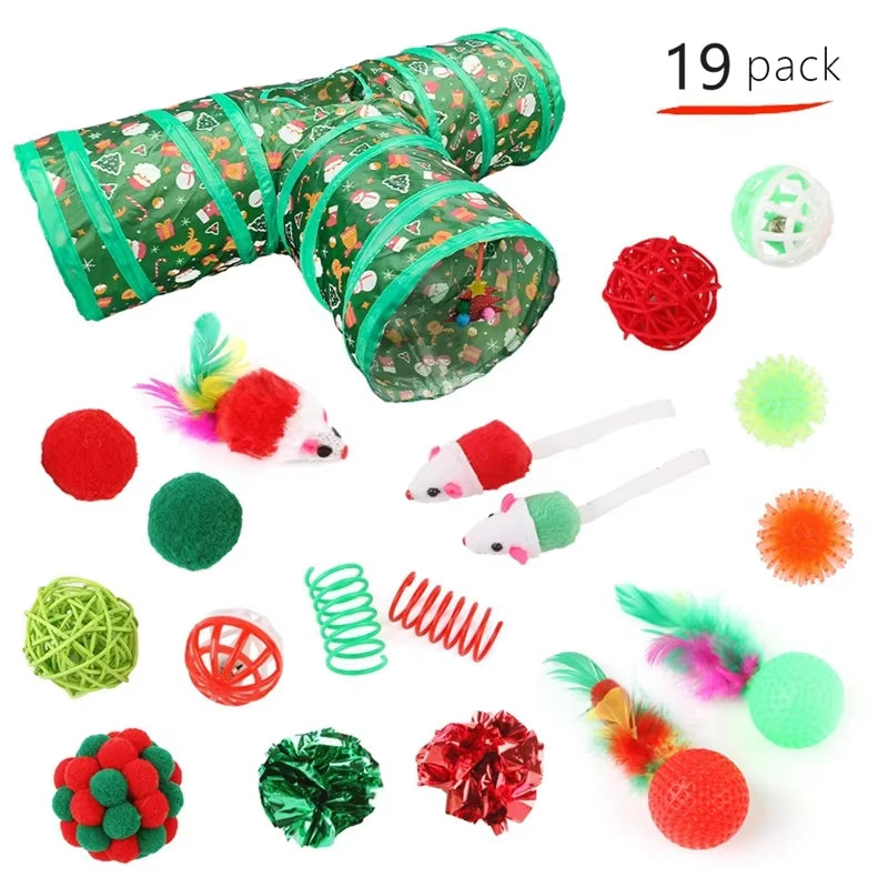 Cat Toy Set Christmas Design Folding Cat Tunnel Cat Nest Toy Bundle Set Play Tunnel Pom-Pom Balls Interactive Self-Happiness Toy