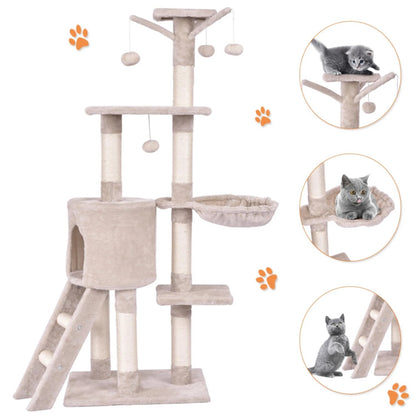 56" Cat Tree Tower for Indoor Cats with Ladder, Scratching Posts Cat Condo for Multiple Cats Jump Platform Cat Furniture Activity Center, Beige