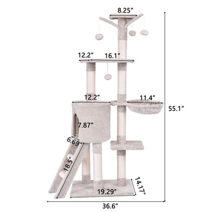 56" Cat Tree Tower for Indoor Cats with Ladder, Scratching Posts Cat Condo for Multiple Cats Jump Platform Cat Furniture Activity Center, Beige