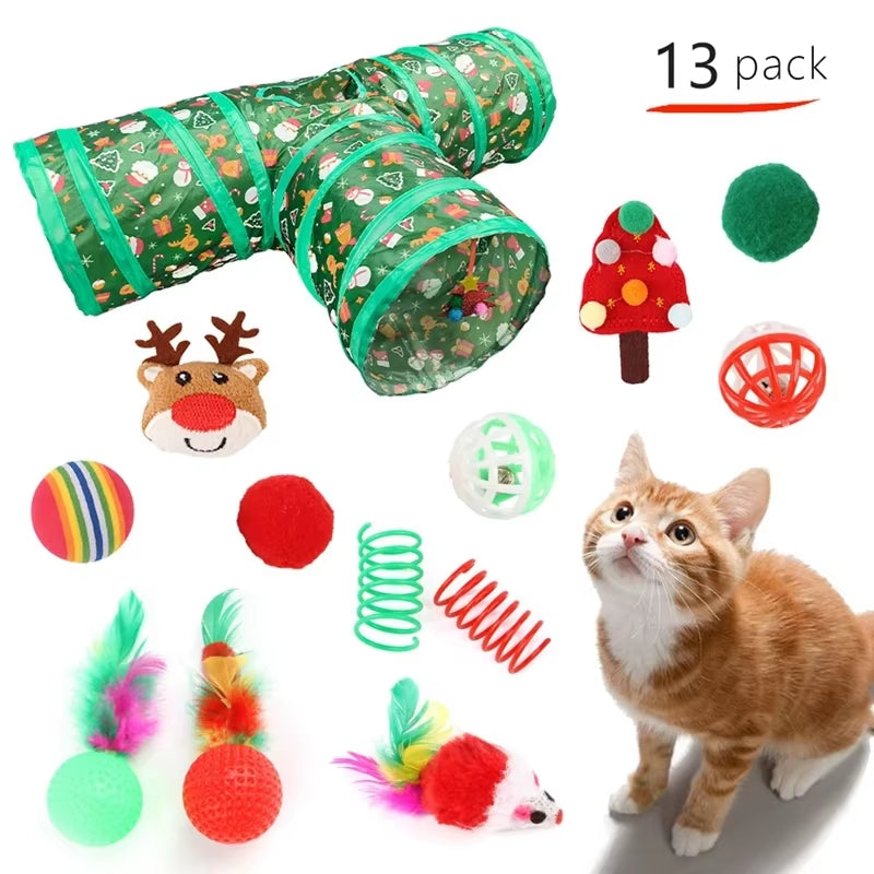 Cat Toy Set Christmas Design Folding Cat Tunnel Cat Nest Toy Bundle Set Play Tunnel Pom-Pom Balls Interactive Self-Happiness Toy