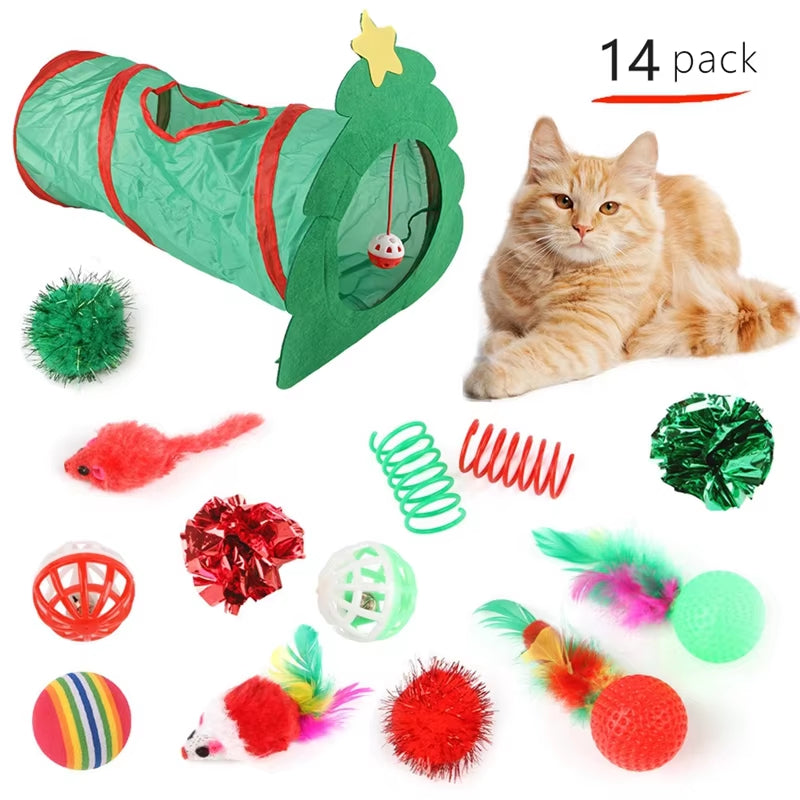 Cat Toy Set Christmas Design Folding Cat Tunnel Cat Nest Toy Bundle Set Play Tunnel Pom-Pom Balls Interactive Self-Happiness Toy